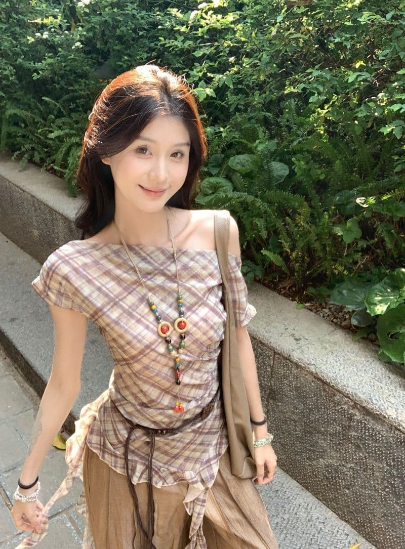 40d 메시 원단 있음 벨트 불규칙 리본 체크무늬 망사 반팔 여성 여름 슬림해 보이는 오프숄더 레트로 맨위 상세 이미지 21