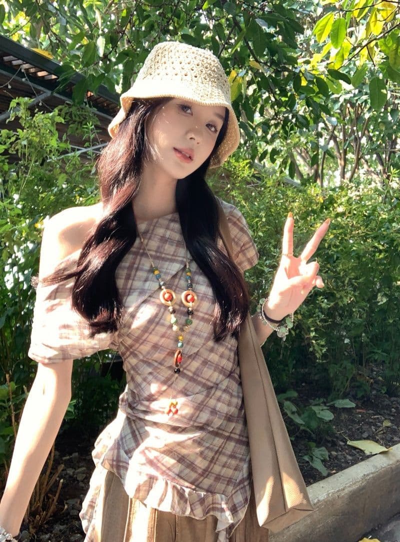 40d 메시 원단 있음 벨트 불규칙 리본 체크무늬 망사 반팔 여성 여름 슬림해 보이는 오프숄더 레트로 맨위 상세 이미지 22