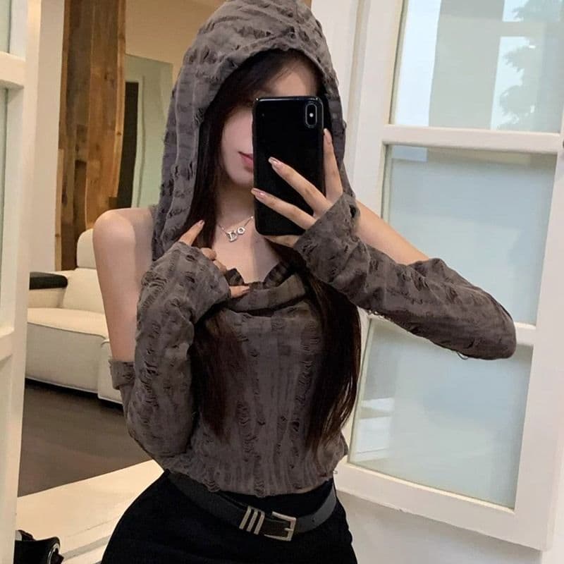 원본 찢어진 부분 천 불모지 바람 찢어진 부분 디자인 센스 후드 소매 커버 티셔츠 여성 조끼 달콤한 매운맛 쇼트 스타일 맨위 이미지 2