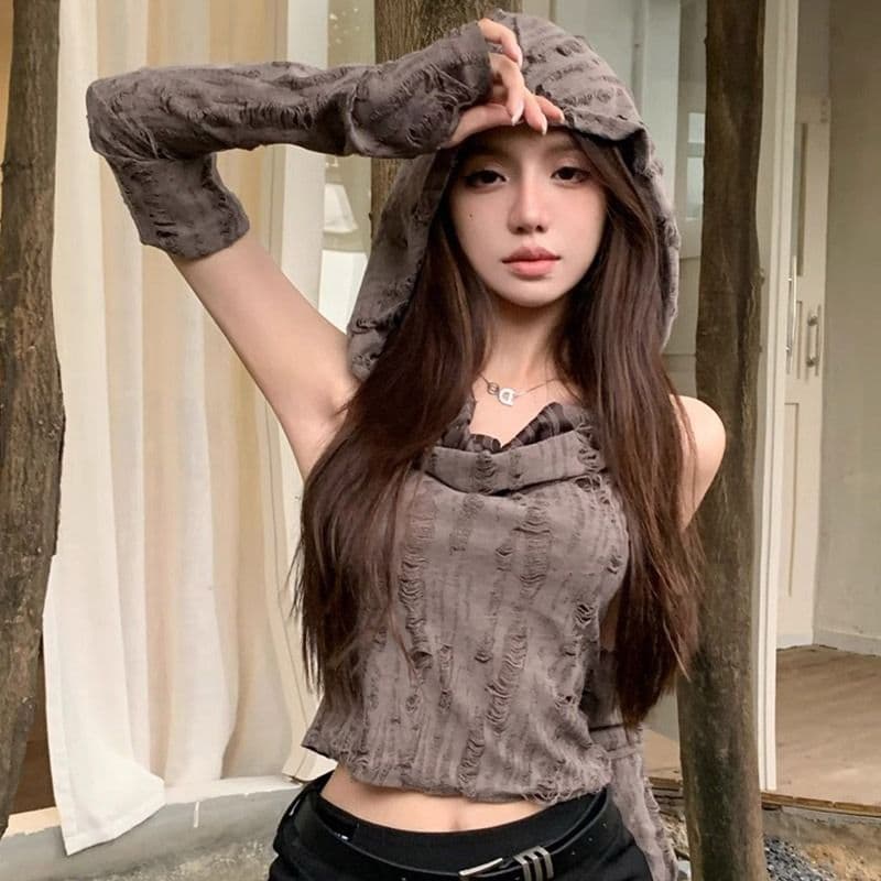 원본 찢어진 부분 천 불모지 바람 찢어진 부분 디자인 센스 후드 소매 커버 티셔츠 여성 조끼 달콤한 매운맛 쇼트 스타일 맨위