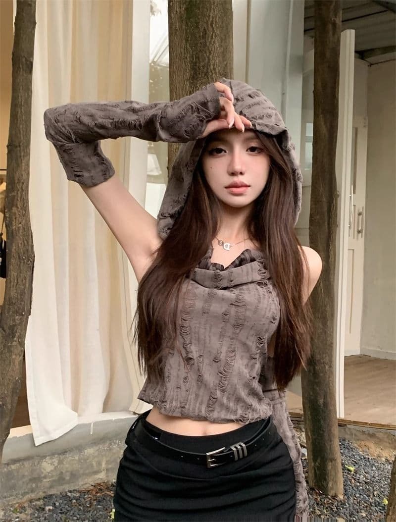 원본 찢어진 부분 천 불모지 바람 찢어진 부분 디자인 센스 후드 소매 커버 티셔츠 여성 조끼 달콤한 매운맛 쇼트 스타일 맨위 상세 이미지 4