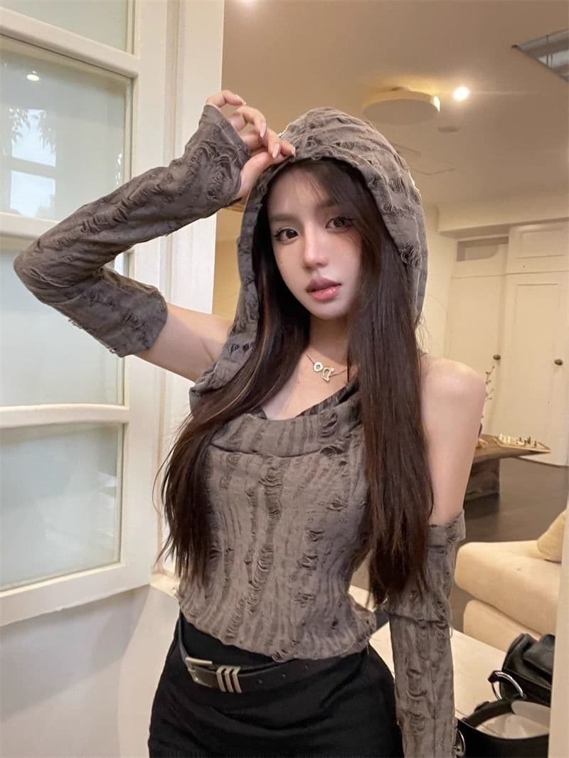 원본 찢어진 부분 천 불모지 바람 찢어진 부분 디자인 센스 후드 소매 커버 티셔츠 여성 조끼 달콤한 매운맛 쇼트 스타일 맨위 상세 이미지 6