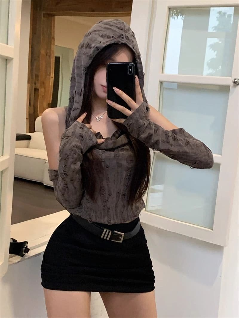 원본 찢어진 부분 천 불모지 바람 찢어진 부분 디자인 센스 후드 소매 커버 티셔츠 여성 조끼 달콤한 매운맛 쇼트 스타일 맨위 상세 이미지 7