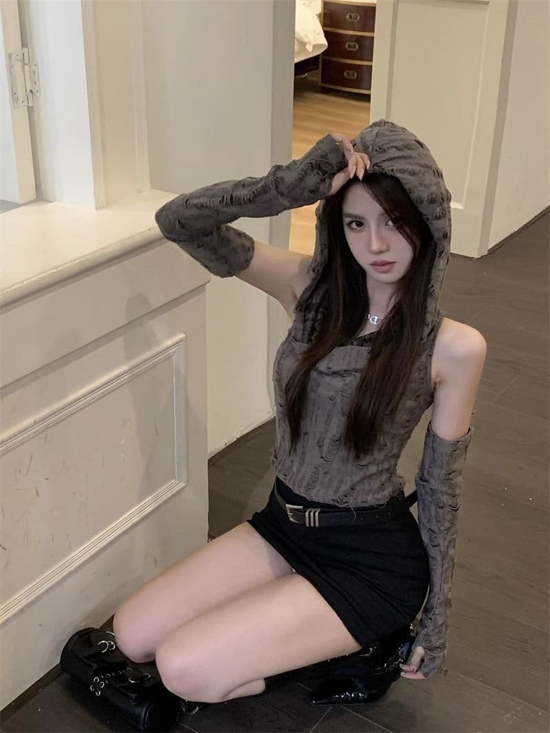 원본 찢어진 부분 천 불모지 바람 찢어진 부분 디자인 센스 후드 소매 커버 티셔츠 여성 조끼 달콤한 매운맛 쇼트 스타일 맨위 상세 이미지 9