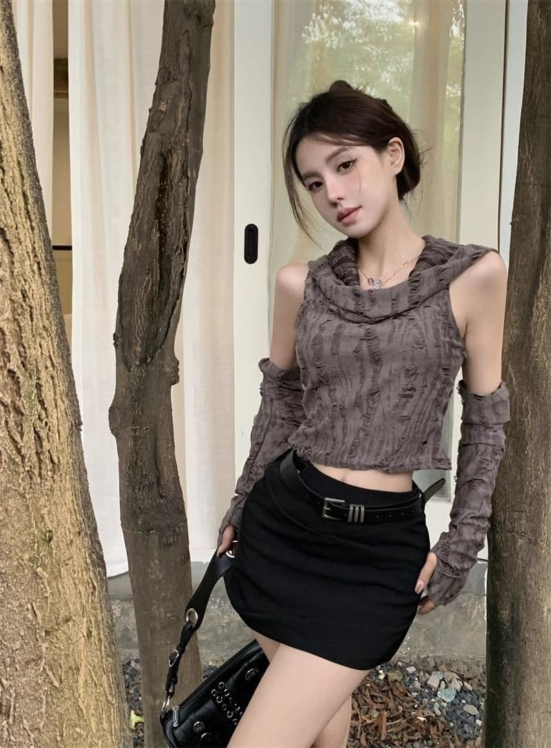 원본 찢어진 부분 천 불모지 바람 찢어진 부분 디자인 센스 후드 소매 커버 티셔츠 여성 조끼 달콤한 매운맛 쇼트 스타일 맨위 상세 이미지 10