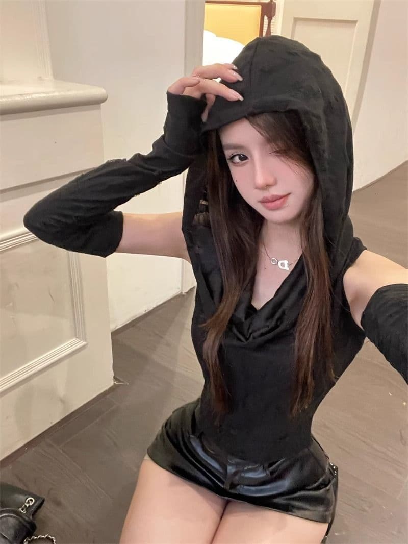 원본 찢어진 부분 천 불모지 바람 찢어진 부분 디자인 센스 후드 소매 커버 티셔츠 여성 조끼 달콤한 매운맛 쇼트 스타일 맨위 상세 이미지 11