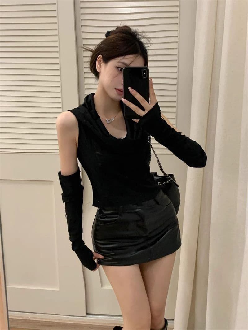 원본 찢어진 부분 천 불모지 바람 찢어진 부분 디자인 센스 후드 소매 커버 티셔츠 여성 조끼 달콤한 매운맛 쇼트 스타일 맨위 상세 이미지 13