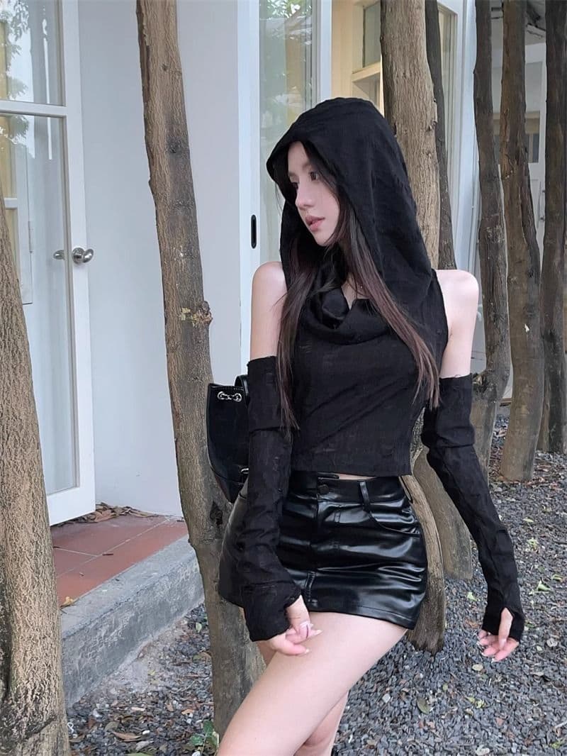 원본 찢어진 부분 천 불모지 바람 찢어진 부분 디자인 센스 후드 소매 커버 티셔츠 여성 조끼 달콤한 매운맛 쇼트 스타일 맨위 상세 이미지 15