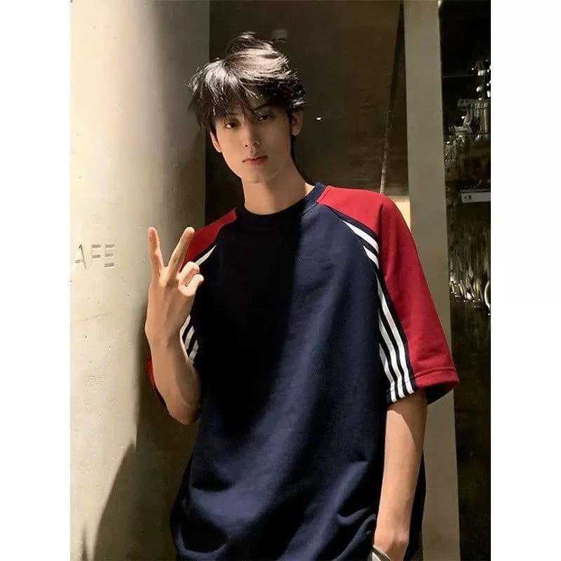 남녀 같은 단락 빛 에디션 조수 브랜드 루즈핏 가을 어깨 당겨서 바 기사 패치워크 색상 반팔 공란 에디션 티셔츠 상세 이미지 2