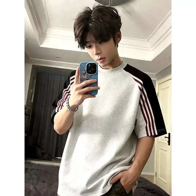 남녀 같은 단락 빛 에디션 조수 브랜드 루즈핏 가을 어깨 당겨서 바 기사 패치워크 색상 반팔 공란 에디션 티셔츠 상세 이미지 4