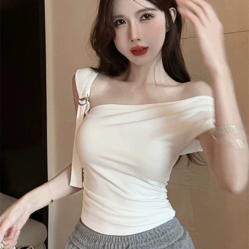 92 면 8 암모니아 Lun 210 그램 순수한 욕망 바람 비스듬한 칼라 반팔 숄더백 티셔츠 여성 여름 순면 몸매 가꾸기 섹시함 백리스 상세 이미지 5