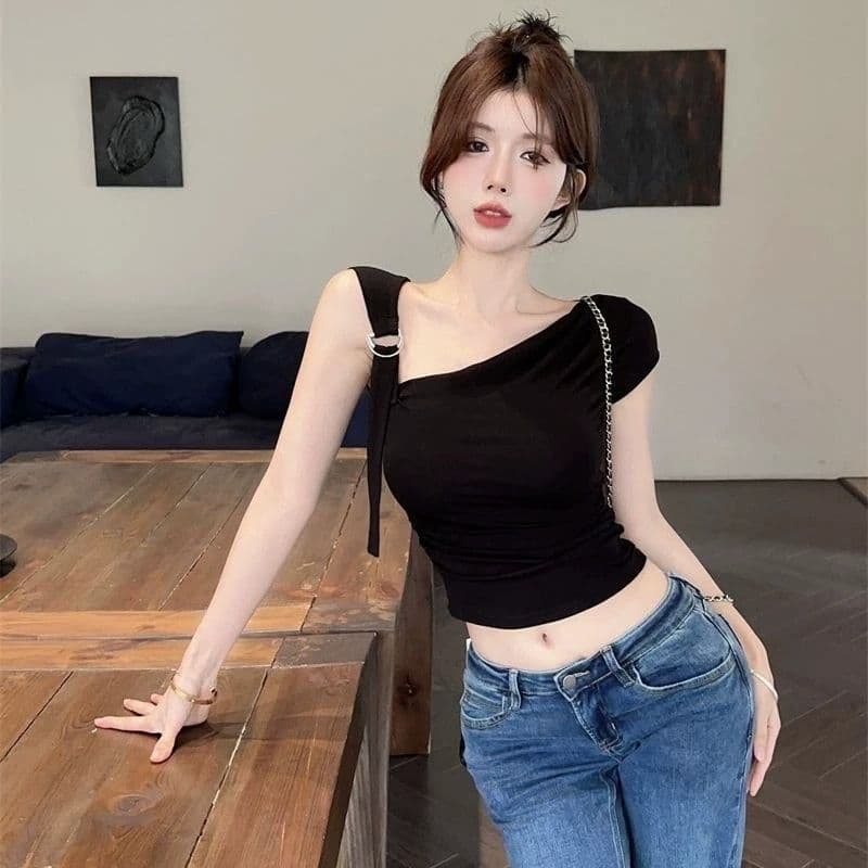92 면 8 암모니아 Lun 210 그램 순수한 욕망 바람 비스듬한 칼라 반팔 숄더백 티셔츠 여성 여름 순면 몸매 가꾸기 섹시함 백리스 상세 이미지 9