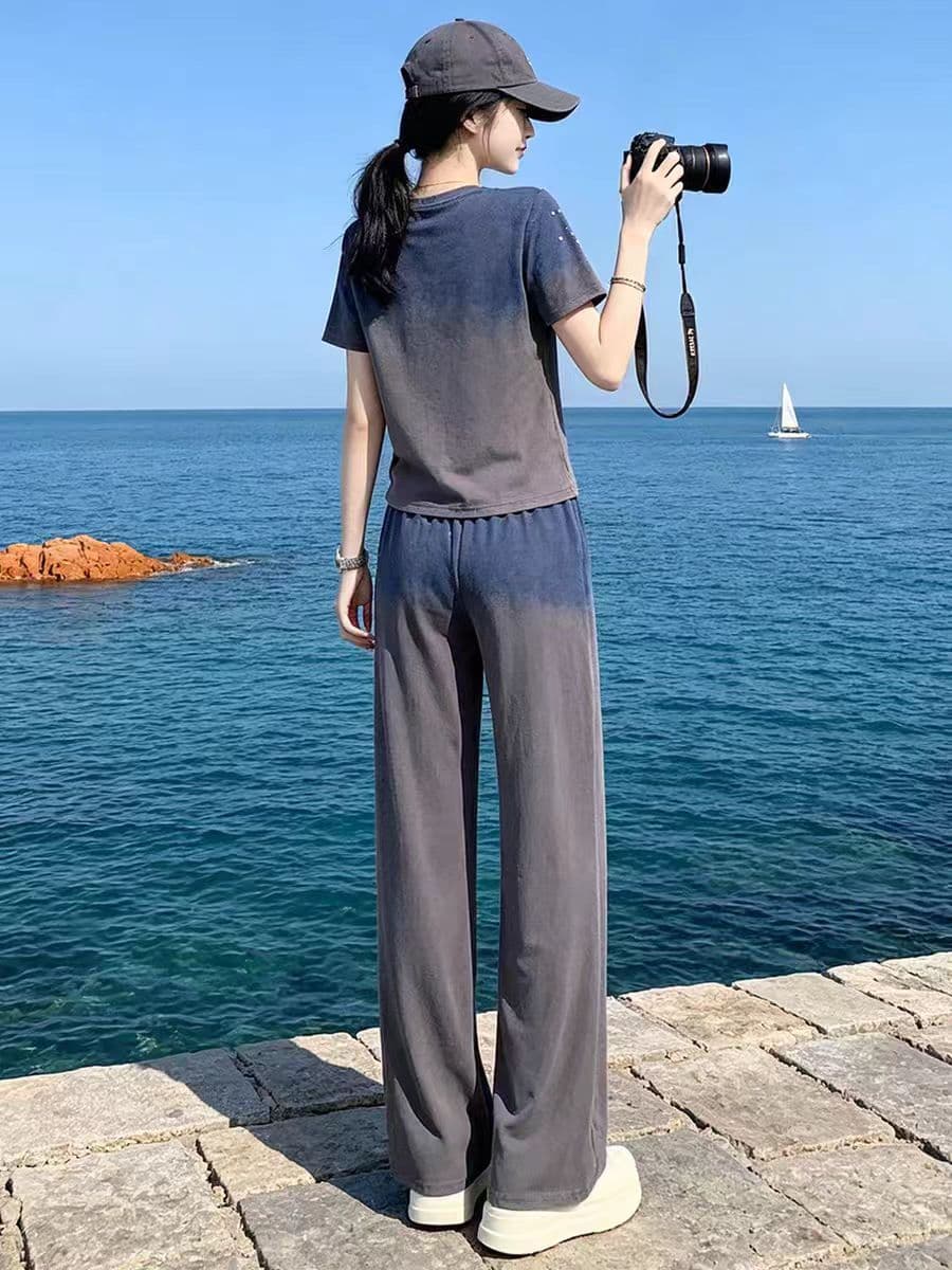 2026 캐주얼 스포츠 슈트 여성 여름 새로운 와이드 레그 팬츠 슬림해 보이는 연령 감소 편안함 착용 가져 가라. 고급 센스 투피스 세트 이미지 3
