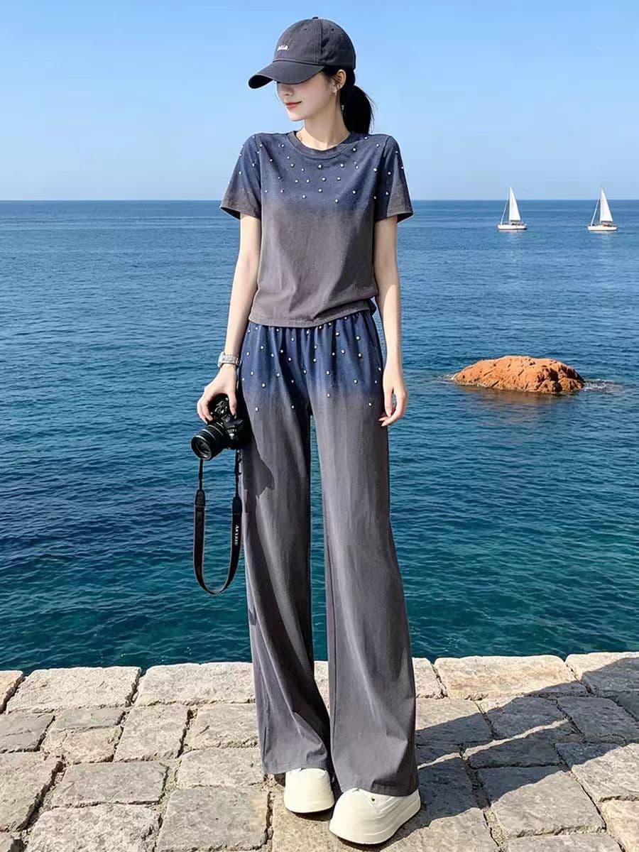2026 캐주얼 스포츠 슈트 여성 여름 새로운 와이드 레그 팬츠 슬림해 보이는 연령 감소 편안함 착용 가져 가라. 고급 센스 투피스 세트 상세 이미지 2