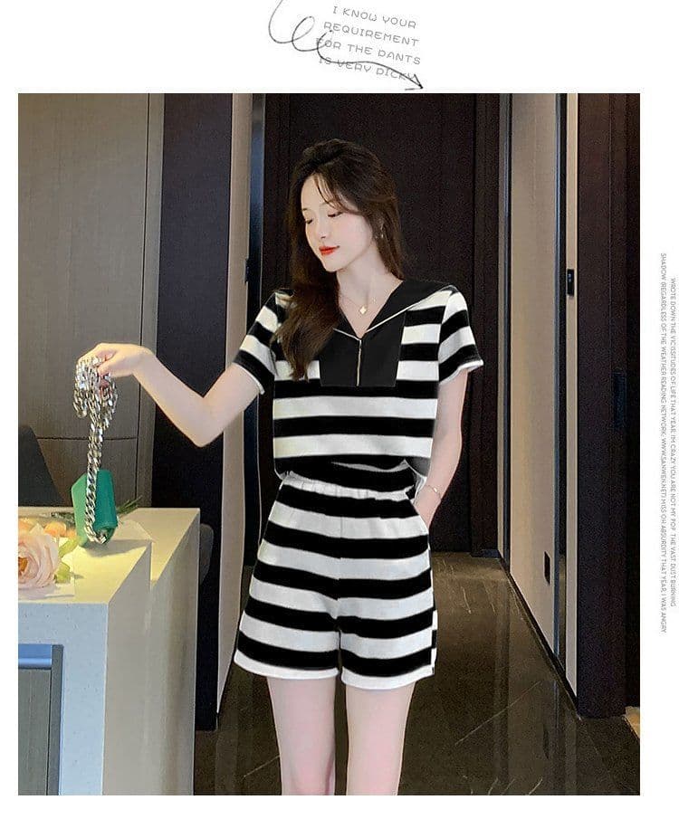 패션 세트 여성 2026 여름 새로운 외국 가스 스트라이프 해군 칼라 반팔 티셔츠 짧은 바지 투피스 세트 상세 이미지 14