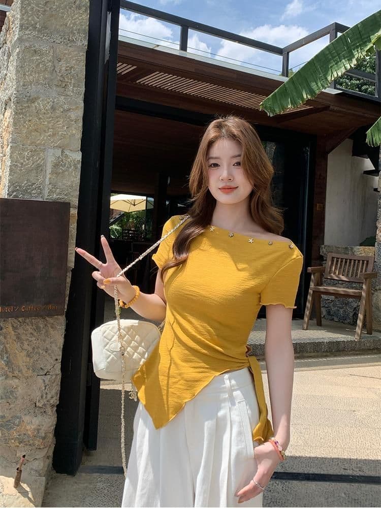 녹색 오프숄더 반팔 티셔츠 여성 여름 새로운 불규칙 밑단 레몬 바다 소금 착용 가져 가라. 비스듬한 어깨 의류 상세 이미지 1