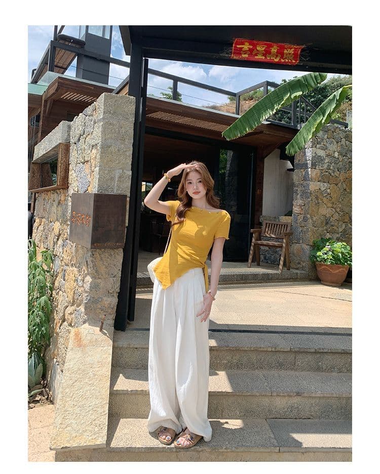 녹색 오프숄더 반팔 티셔츠 여성 여름 새로운 불규칙 밑단 레몬 바다 소금 착용 가져 가라. 비스듬한 어깨 의류 상세 이미지 5