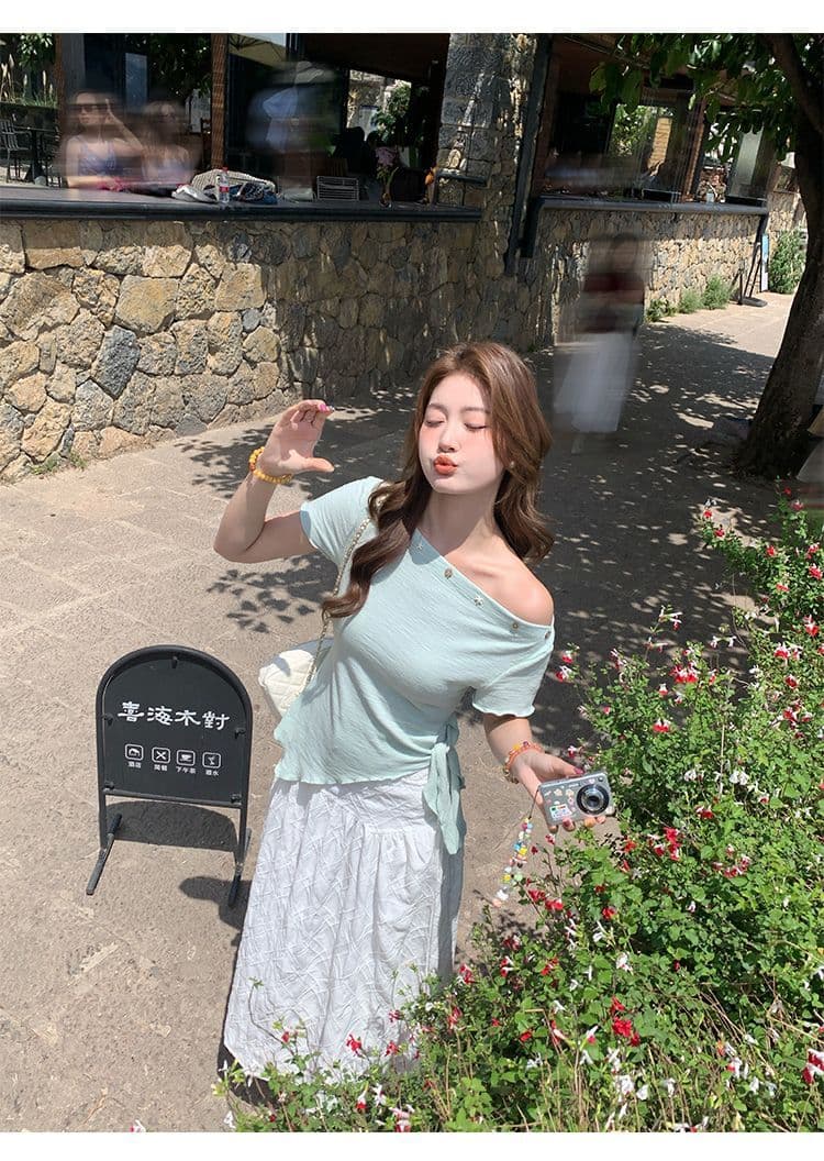 녹색 오프숄더 반팔 티셔츠 여성 여름 새로운 불규칙 밑단 레몬 바다 소금 착용 가져 가라. 비스듬한 어깨 의류 상세 이미지 6