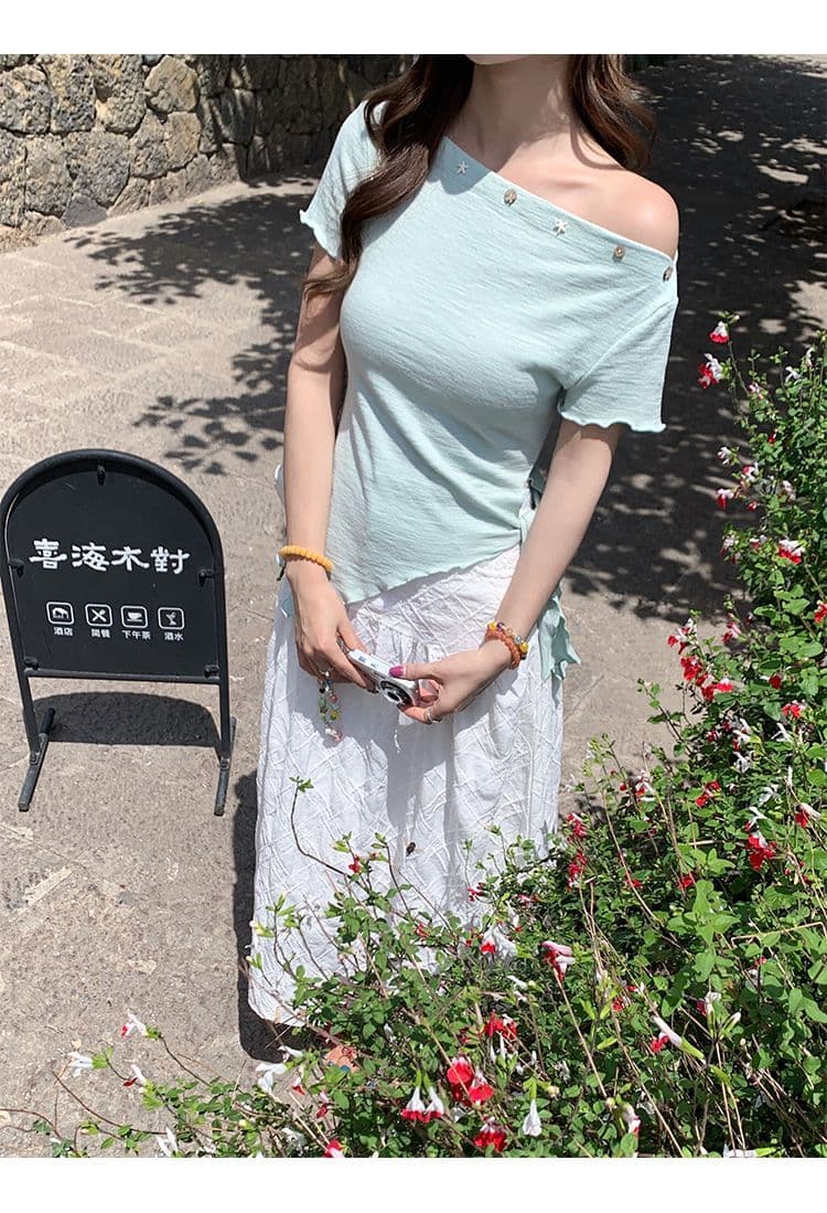 녹색 오프숄더 반팔 티셔츠 여성 여름 새로운 불규칙 밑단 레몬 바다 소금 착용 가져 가라. 비스듬한 어깨 의류 상세 이미지 9