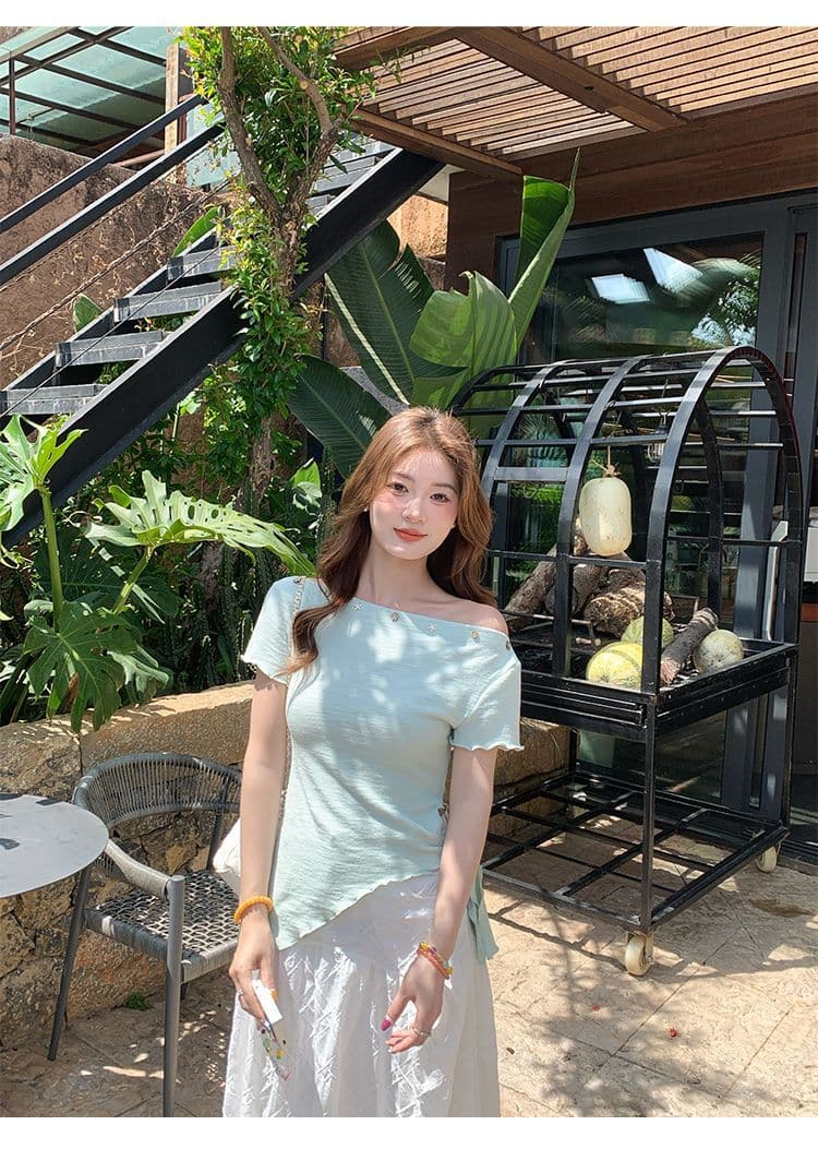 녹색 오프숄더 반팔 티셔츠 여성 여름 새로운 불규칙 밑단 레몬 바다 소금 착용 가져 가라. 비스듬한 어깨 의류 상세 이미지 11