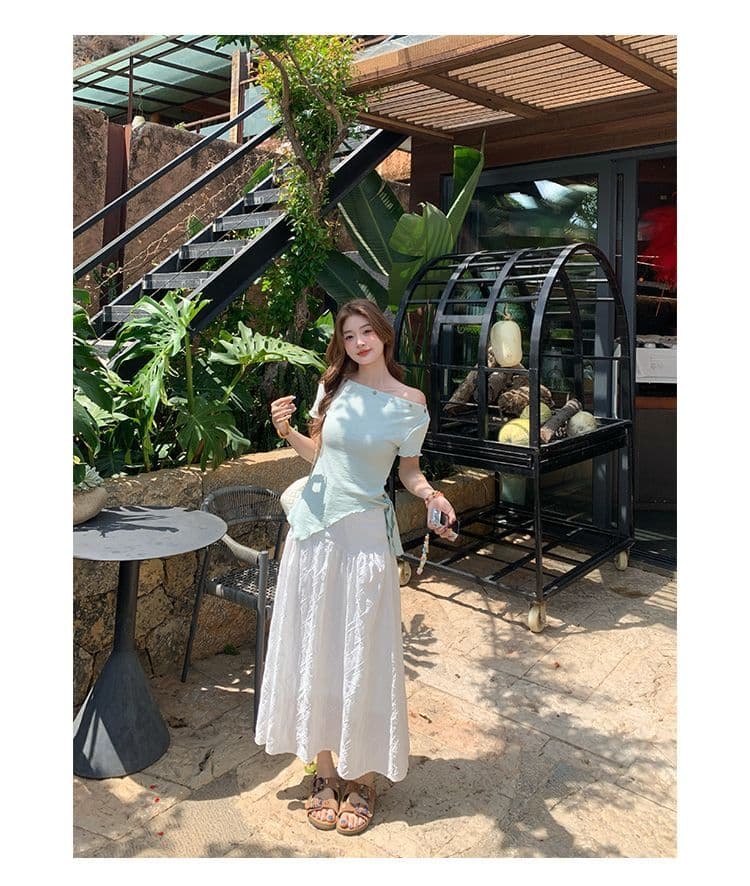 녹색 오프숄더 반팔 티셔츠 여성 여름 새로운 불규칙 밑단 레몬 바다 소금 착용 가져 가라. 비스듬한 어깨 의류 상세 이미지 12