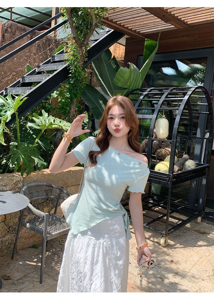 녹색 오프숄더 반팔 티셔츠 여성 여름 새로운 불규칙 밑단 레몬 바다 소금 착용 가져 가라. 비스듬한 어깨 의류 상세 이미지 16