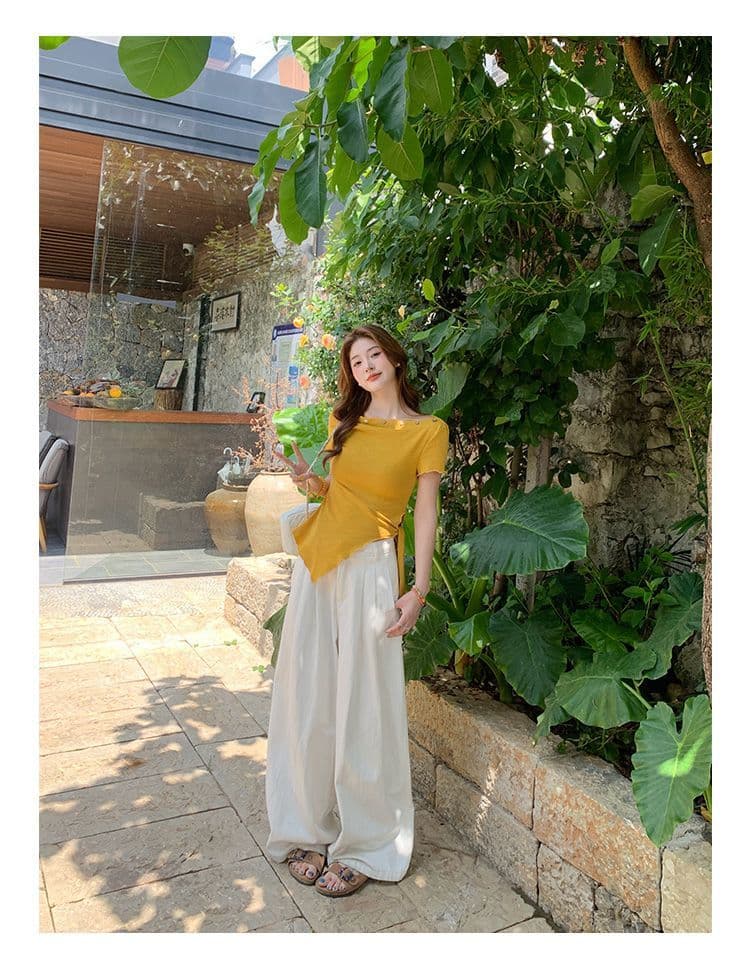 녹색 오프숄더 반팔 티셔츠 여성 여름 새로운 불규칙 밑단 레몬 바다 소금 착용 가져 가라. 비스듬한 어깨 의류 상세 이미지 17