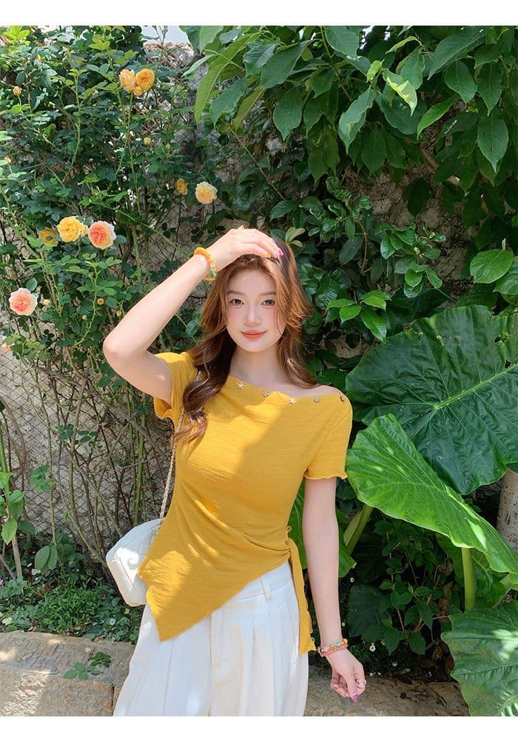 녹색 오프숄더 반팔 티셔츠 여성 여름 새로운 불규칙 밑단 레몬 바다 소금 착용 가져 가라. 비스듬한 어깨 의류 상세 이미지 18