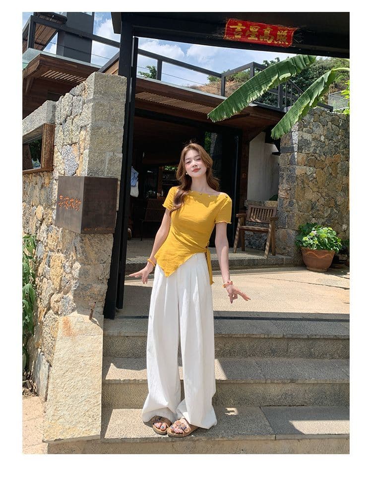 녹색 오프숄더 반팔 티셔츠 여성 여름 새로운 불규칙 밑단 레몬 바다 소금 착용 가져 가라. 비스듬한 어깨 의류 상세 이미지 19