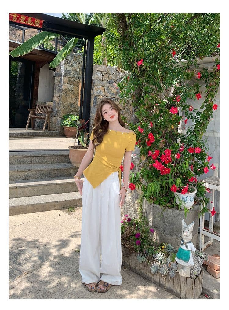 녹색 오프숄더 반팔 티셔츠 여성 여름 새로운 불규칙 밑단 레몬 바다 소금 착용 가져 가라. 비스듬한 어깨 의류 상세 이미지 21