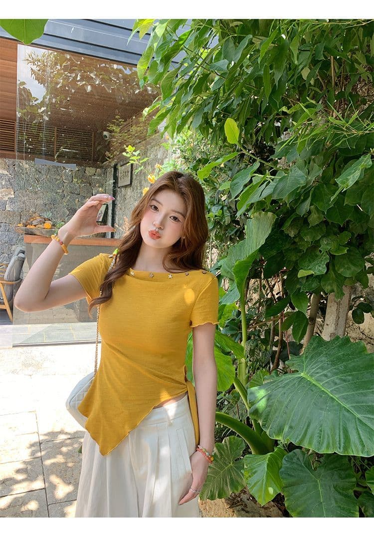 녹색 오프숄더 반팔 티셔츠 여성 여름 새로운 불규칙 밑단 레몬 바다 소금 착용 가져 가라. 비스듬한 어깨 의류 상세 이미지 22