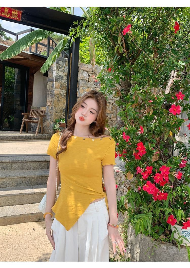 녹색 오프숄더 반팔 티셔츠 여성 여름 새로운 불규칙 밑단 레몬 바다 소금 착용 가져 가라. 비스듬한 어깨 의류 상세 이미지 23