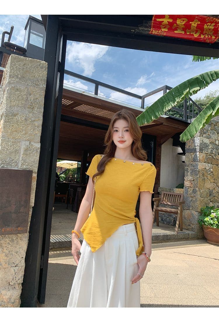 녹색 오프숄더 반팔 티셔츠 여성 여름 새로운 불규칙 밑단 레몬 바다 소금 착용 가져 가라. 비스듬한 어깨 의류 상세 이미지 24