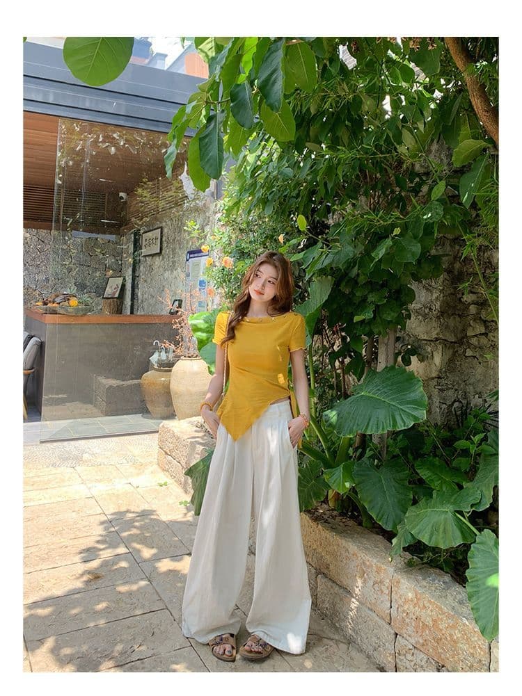 녹색 오프숄더 반팔 티셔츠 여성 여름 새로운 불규칙 밑단 레몬 바다 소금 착용 가져 가라. 비스듬한 어깨 의류 상세 이미지 25