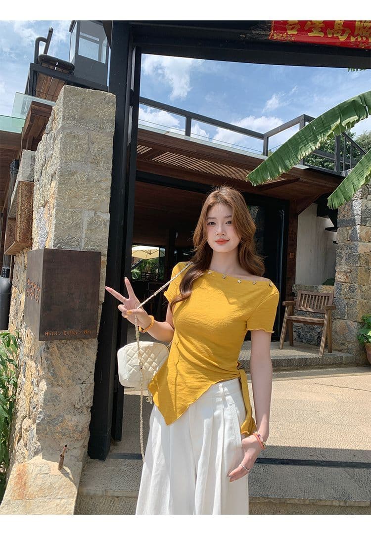 녹색 오프숄더 반팔 티셔츠 여성 여름 새로운 불규칙 밑단 레몬 바다 소금 착용 가져 가라. 비스듬한 어깨 의류 상세 이미지 26