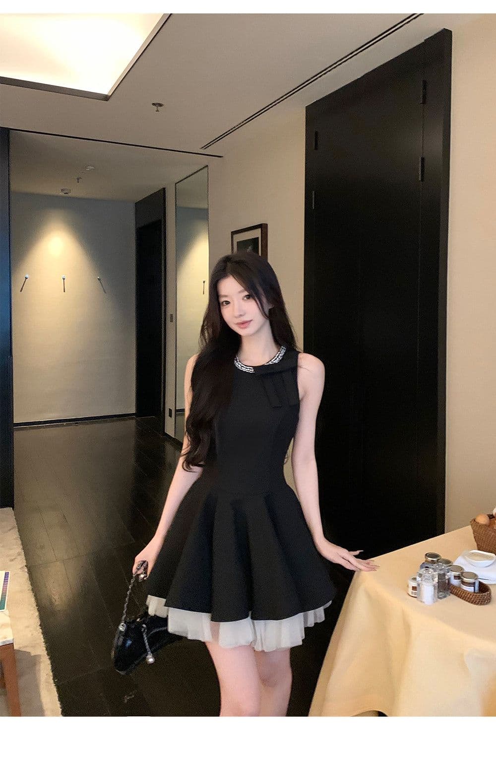 천 금빛 바람 작은 검은 드레스 여성 드레스 여름 고급 센스 생일 party 작은 행사 치마 슬림해 보이는 민소매 조끼 스커트 상세 이미지 2