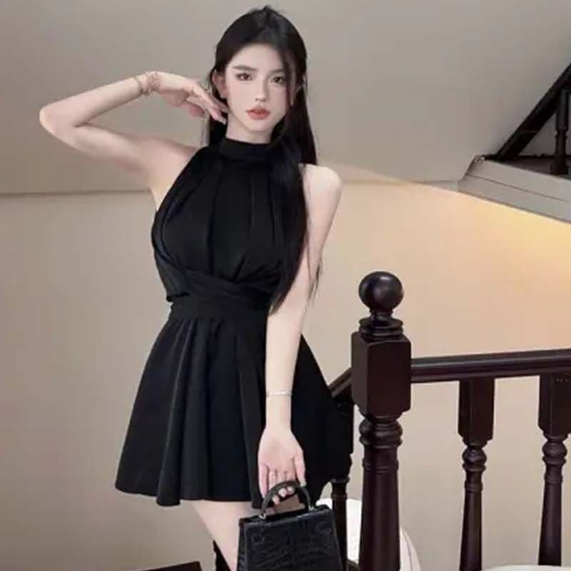 고급 센스 민소매 여성 드레스 여름 프랑스식 오프숄더 섹시함 명문 여성 품격 허리 수축 스트랩 짧은 치마 이미지 2