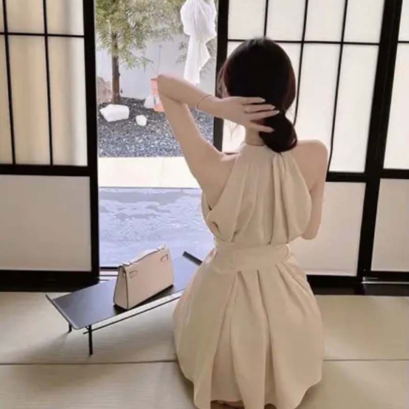 고급 센스 민소매 여성 드레스 여름 프랑스식 오프숄더 섹시함 명문 여성 품격 허리 수축 스트랩 짧은 치마 이미지 4