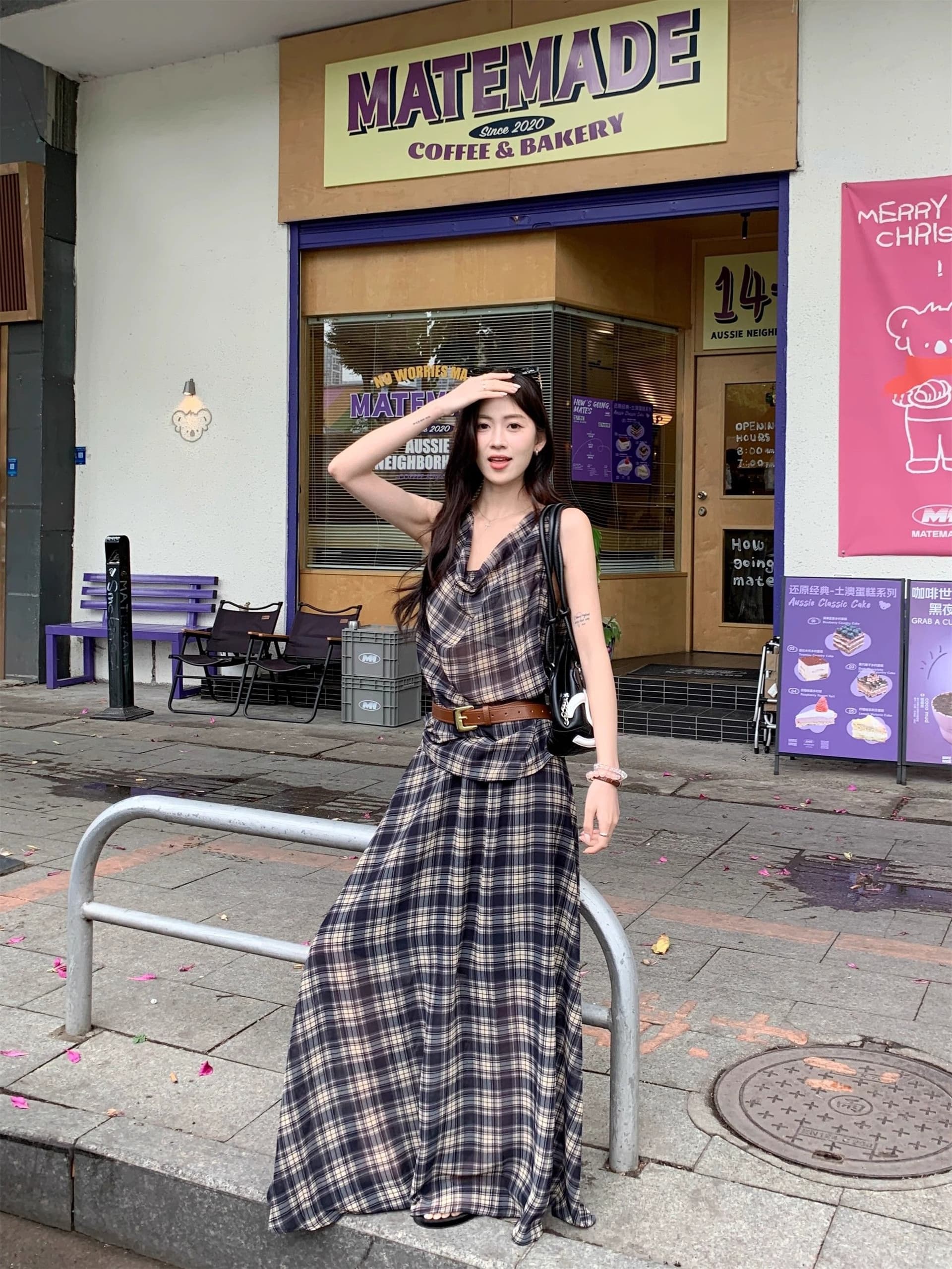 느긋한 핫걸 레트로 세트 체크무늬 흔들다 칼라 캐미솔 여름 하이웨이스트 반신 스커트 빅 플레어 스커트 투피스 세트 상세 이미지 4