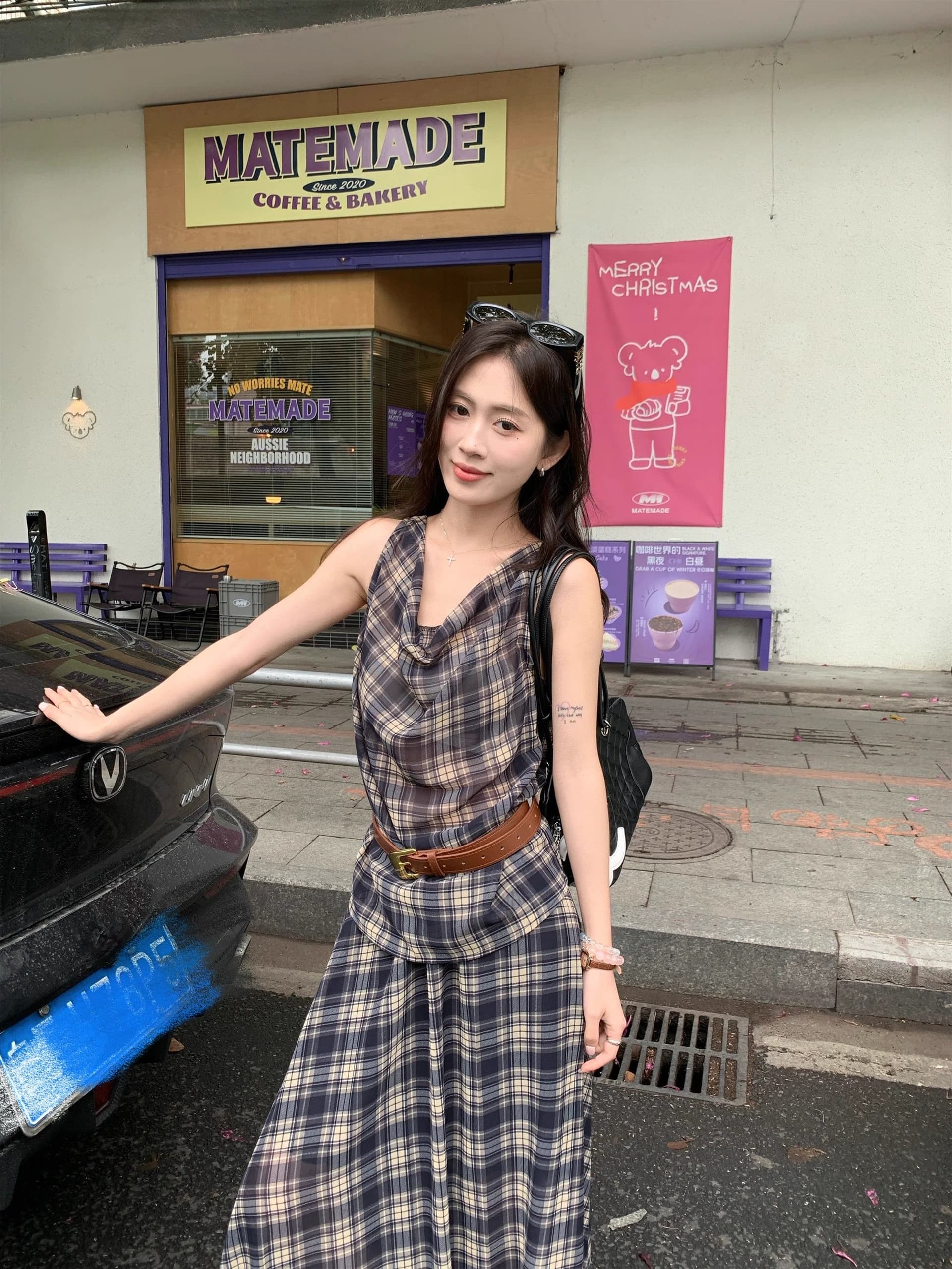 느긋한 핫걸 레트로 세트 체크무늬 흔들다 칼라 캐미솔 여름 하이웨이스트 반신 스커트 빅 플레어 스커트 투피스 세트 상세 이미지 9