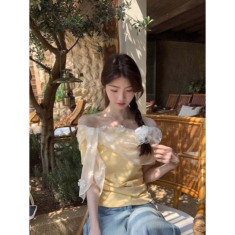 레드 맨 파빌리온 반팔 티셔츠 여성 여름 쇼트 스타일 황색 오프숄더 오프숄더 맨위 이미지 4