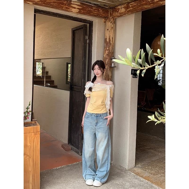 레드 맨 파빌리온 반팔 티셔츠 여성 여름 쇼트 스타일 황색 오프숄더 오프숄더 맨위 이미지 2