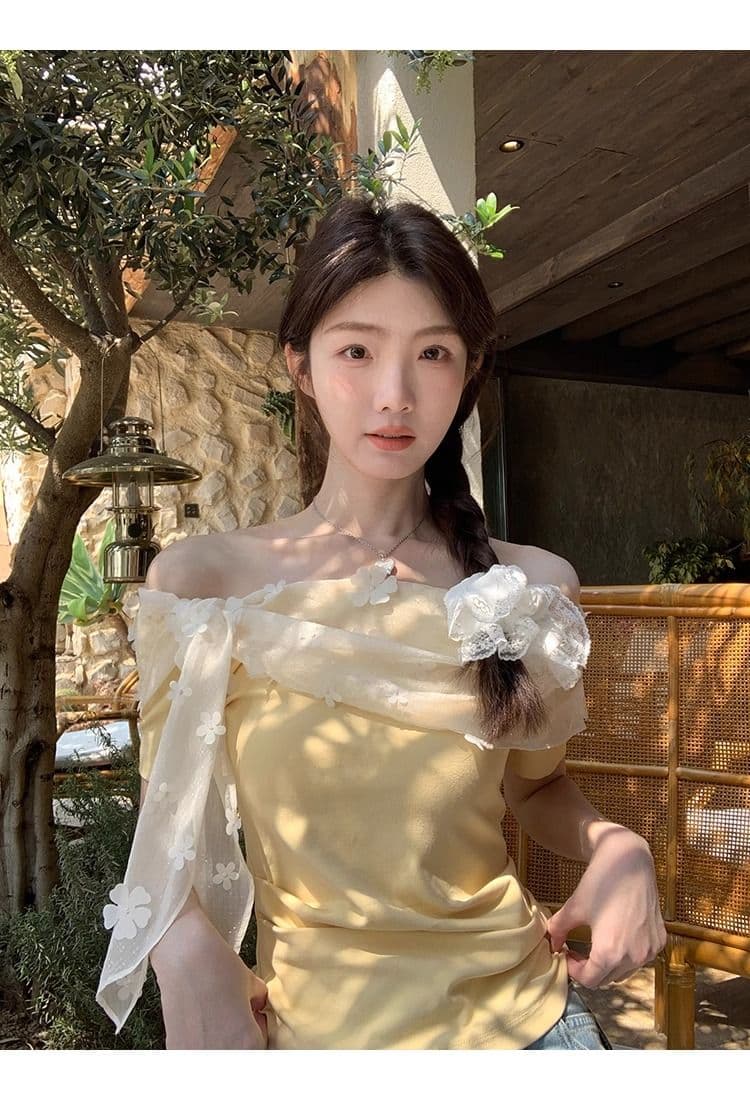 레드 맨 파빌리온 반팔 티셔츠 여성 여름 쇼트 스타일 황색 오프숄더 오프숄더 맨위 상세 이미지 2