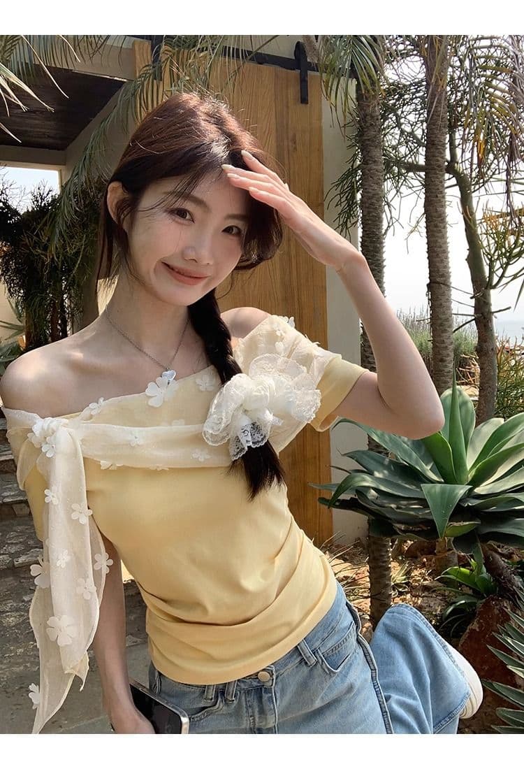 레드 맨 파빌리온 반팔 티셔츠 여성 여름 쇼트 스타일 황색 오프숄더 오프숄더 맨위 상세 이미지 3