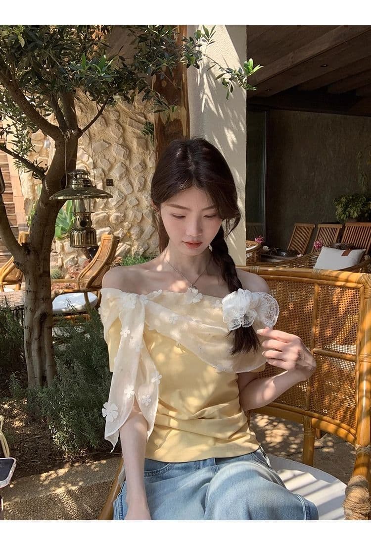 레드 맨 파빌리온 반팔 티셔츠 여성 여름 쇼트 스타일 황색 오프숄더 오프숄더 맨위 상세 이미지 5