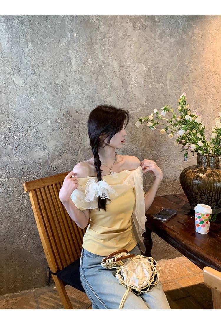 레드 맨 파빌리온 반팔 티셔츠 여성 여름 쇼트 스타일 황색 오프숄더 오프숄더 맨위 상세 이미지 8