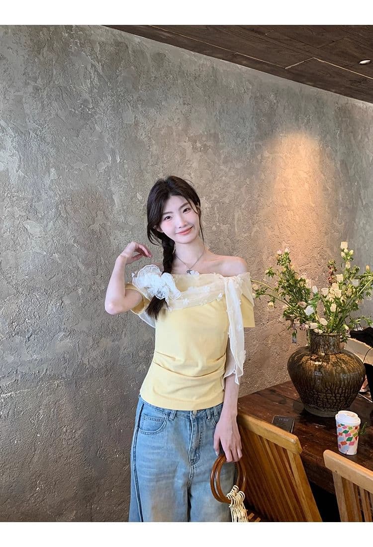 레드 맨 파빌리온 반팔 티셔츠 여성 여름 쇼트 스타일 황색 오프숄더 오프숄더 맨위 상세 이미지 9