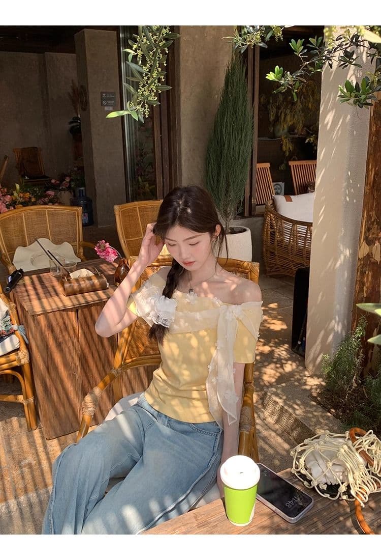 레드 맨 파빌리온 반팔 티셔츠 여성 여름 쇼트 스타일 황색 오프숄더 오프숄더 맨위 상세 이미지 11