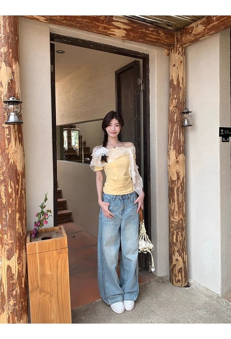 레드 맨 파빌리온 반팔 티셔츠 여성 여름 쇼트 스타일 황색 오프숄더 오프숄더 맨위 상세 이미지 12