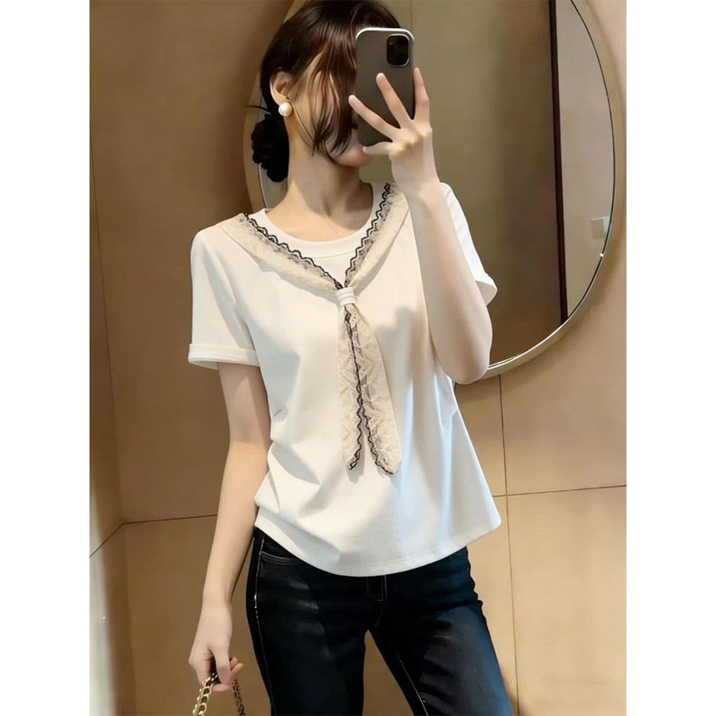 좋은 면 1 1 92 면 8 암모니아 Lun 여름 새로운 프랑스식 레이스 숄 반팔 티셔츠